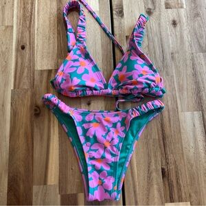 Wild Fable Floral Triangle Bikini Set Pink Green Orange XXS NWOT